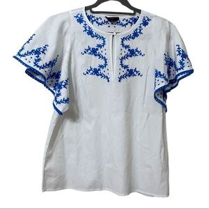 J. Crew Flutter Sleeve Top With Embroidered Pom Pom Trim